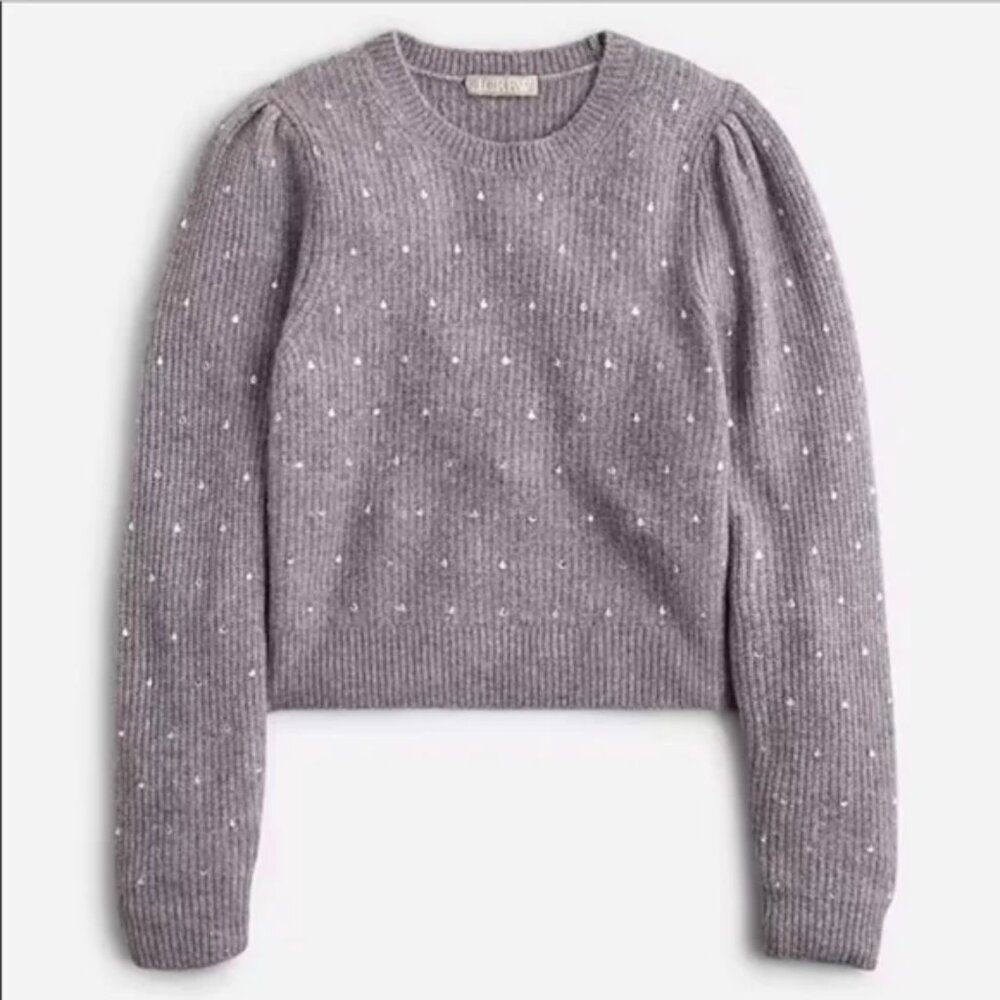 NWT J. Crew Puff-sleeve Rhinestone Sweater in Supersoft yarn; Size Small